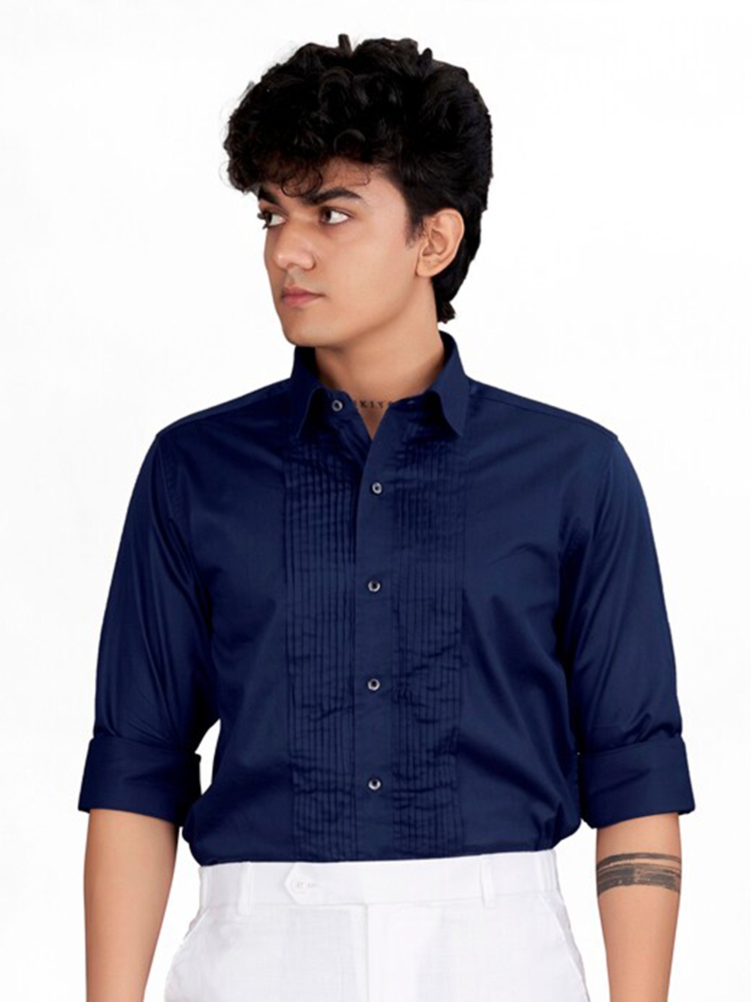 

FRENCH CROWN Standard Fit Pleated Twill Cotton Casual Shirt, Blue