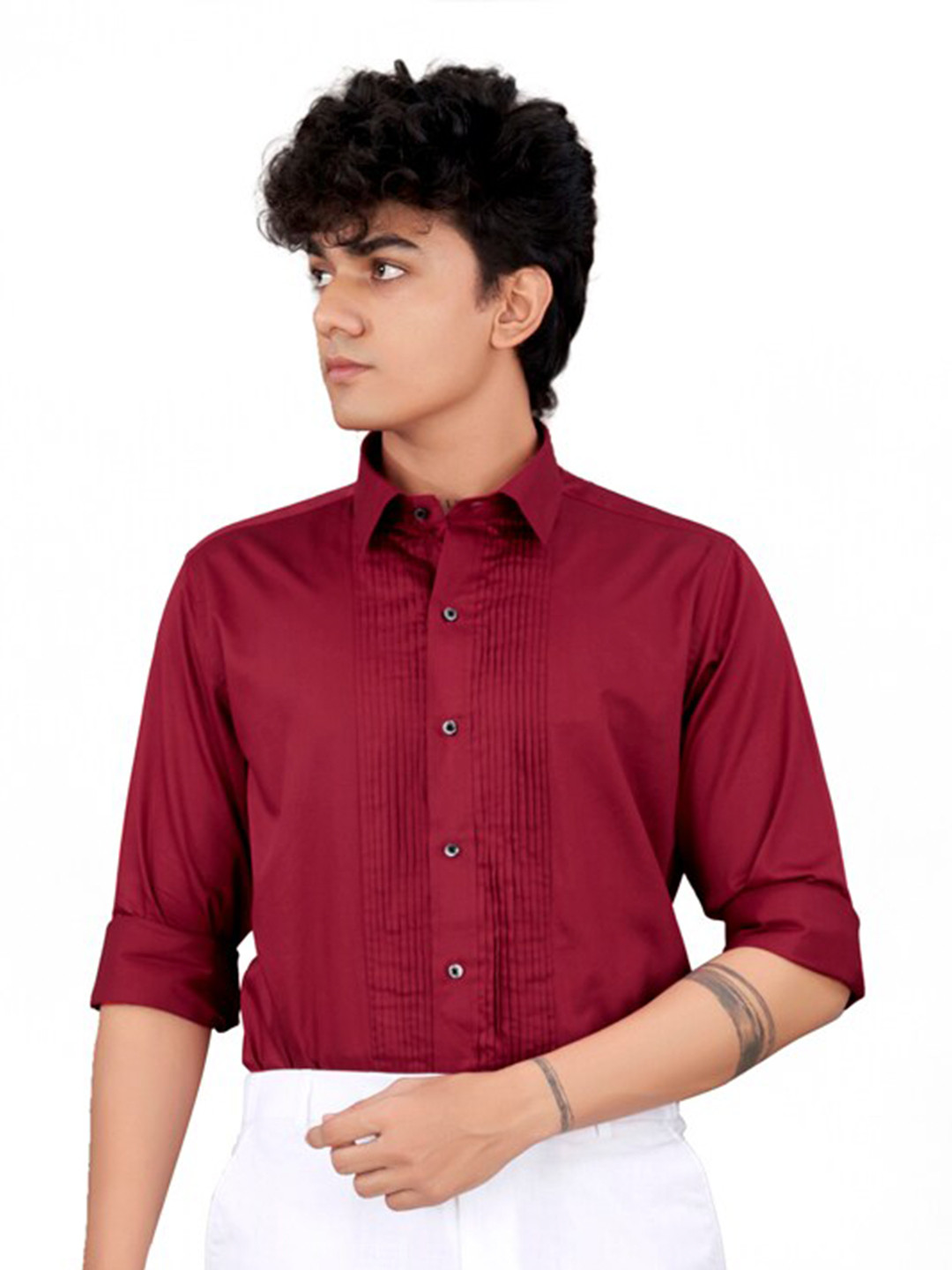 

FRENCH CROWN Standard Fit Pleated Twill Cotton Casual Shirt, Red