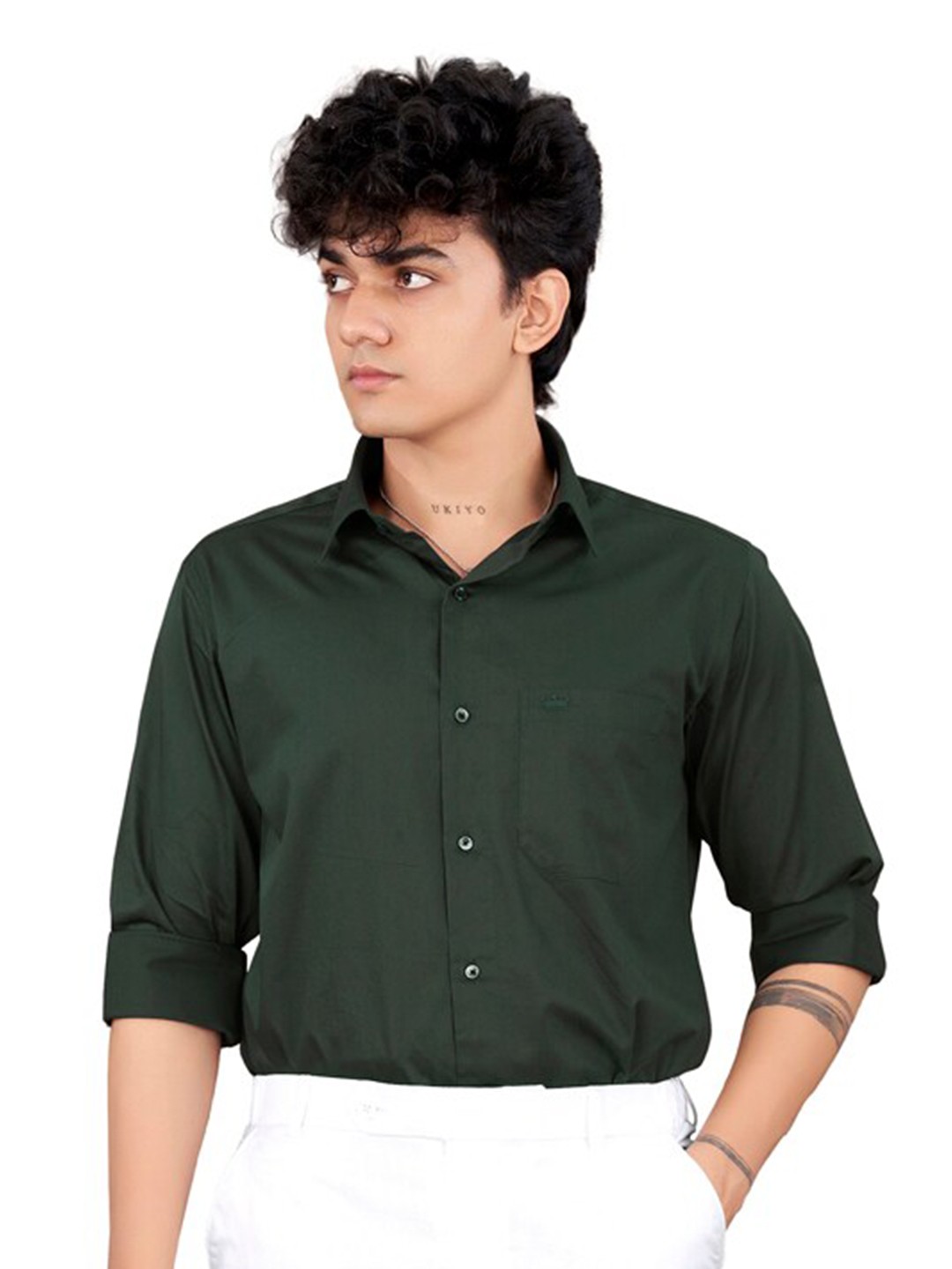 

FRENCH CROWN Standard Fit Spread Collar Twill Cotton Casual Shirt, Green