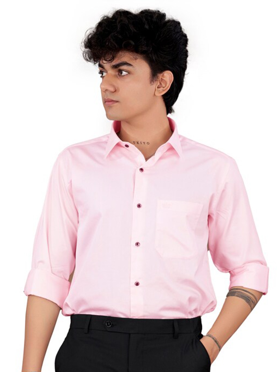 

FRENCH CROWN Standard Fit Spread Collar Twill Cotton Casual Shirt, Pink
