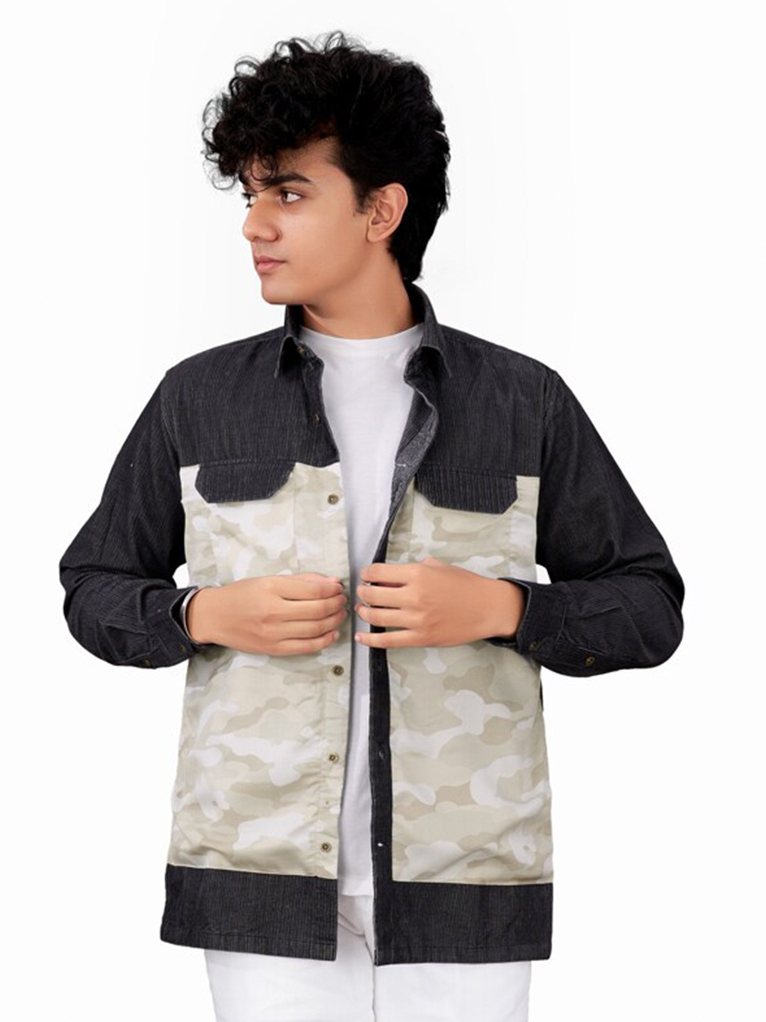 

FRENCH CROWN Standard Fit Camouflage Printed Twill Cotton Casual Shirt, Grey
