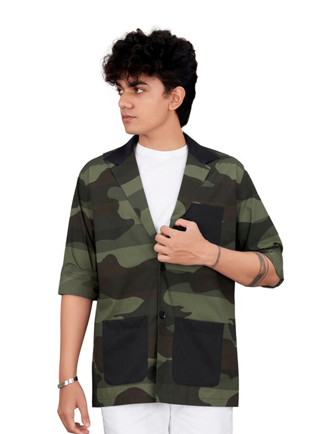 

FRENCH CROWN Standard Fit Camouflage Printed Twill Cotton Casual Shirt, Green