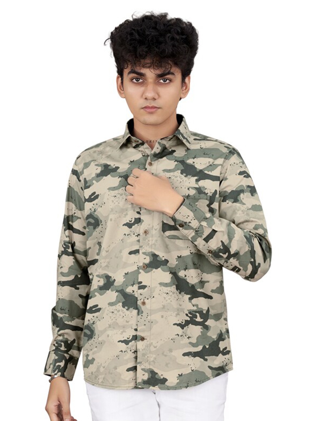 

FRENCH CROWN Standard Fit Camouflage Printed Twill Cotton Casual Shirt, Cream