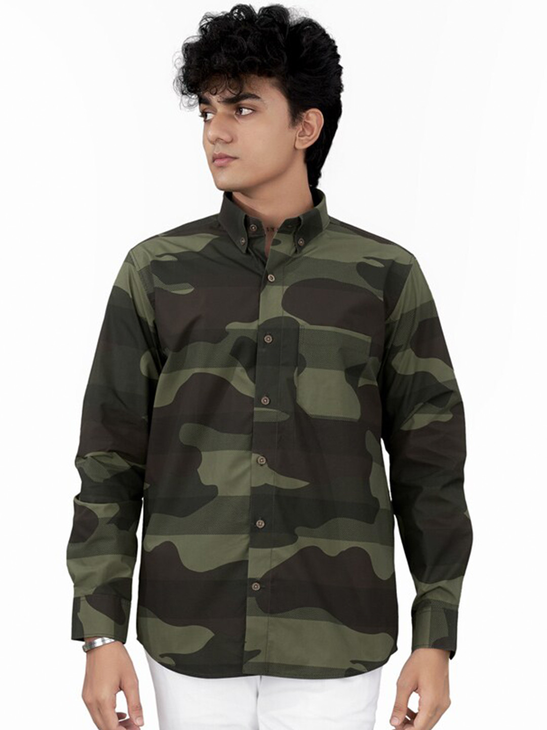 

FRENCH CROWN Standard Fit Camouflage Printed Twill Cotton Casual Shirt, Brown