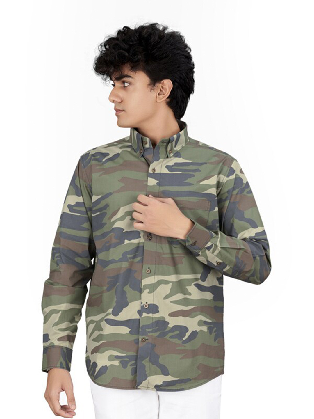 

FRENCH CROWN Standard Fit Camouflage Printed Spread Collar Cotton Shirt, Brown