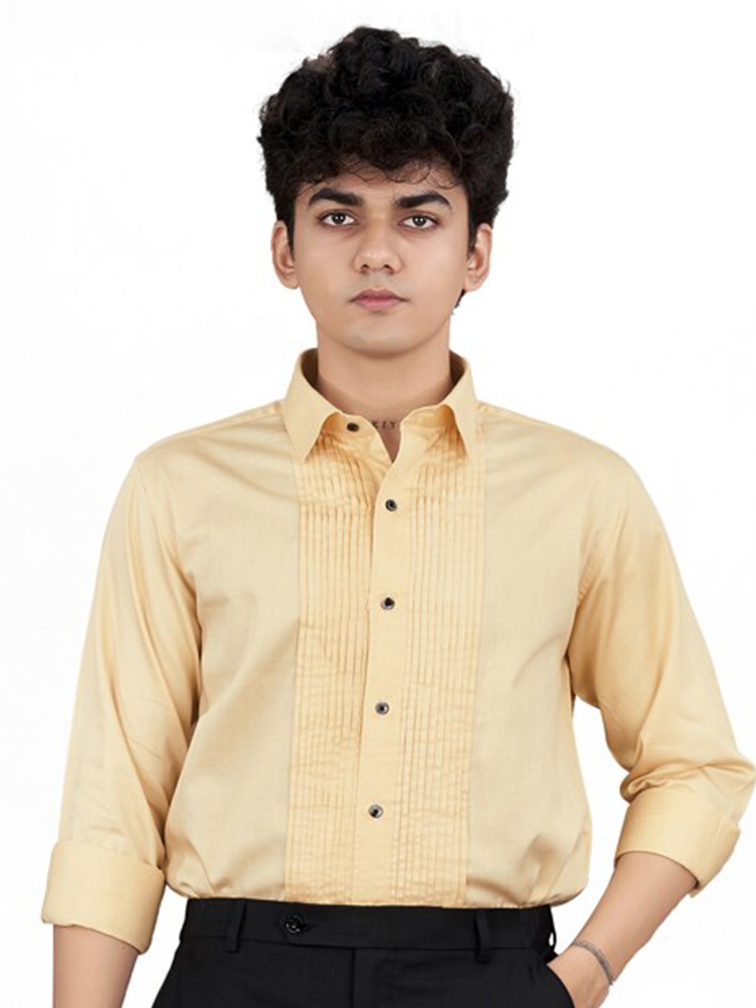 

FRENCH CROWN Standard Fit Pleated Spread Collar Cotton Foramal Shirt, Yellow