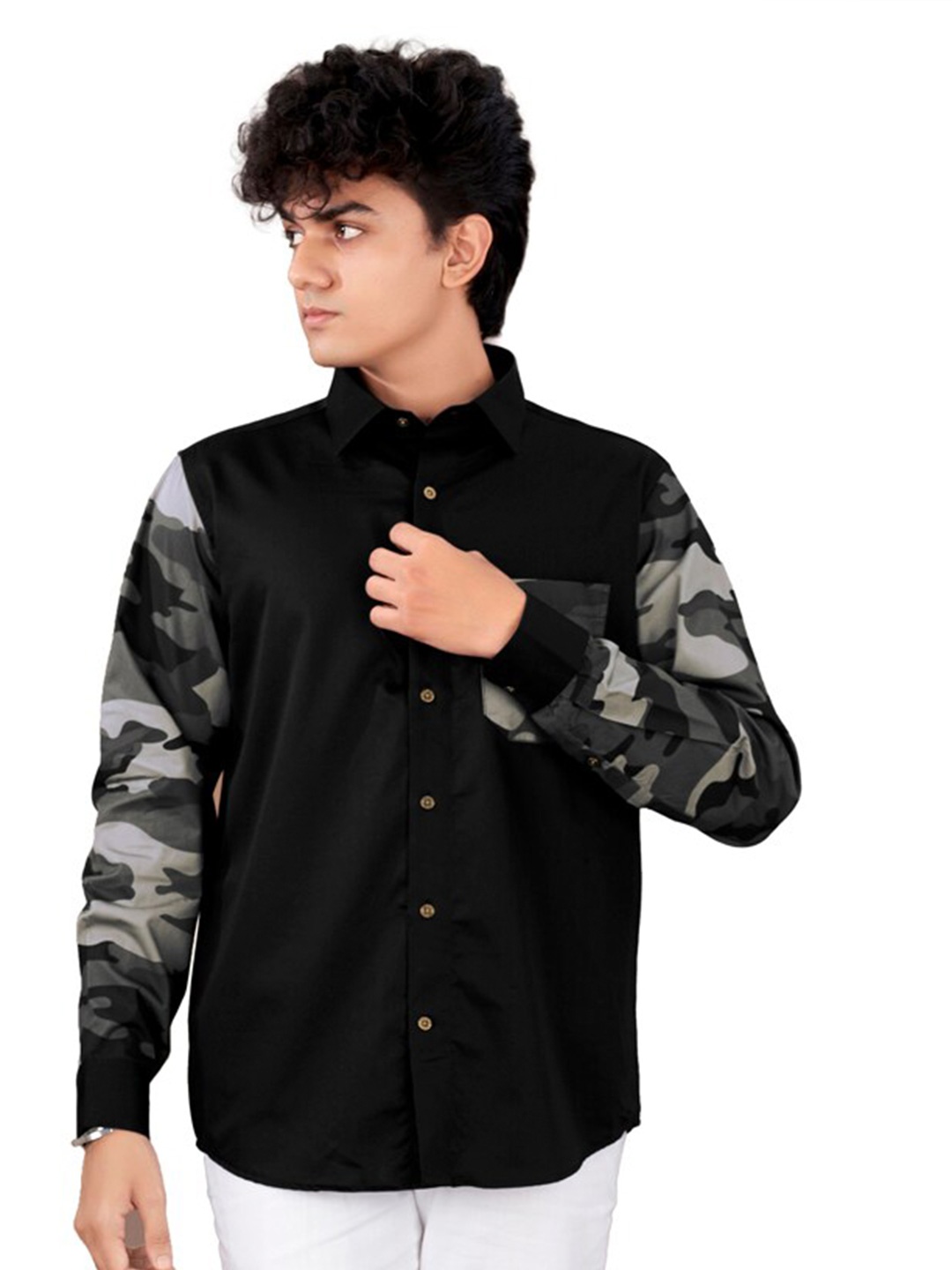 

FRENCH CROWN Standard Fit Camouflage Printed Spread Collar Cotton Shirt, Black