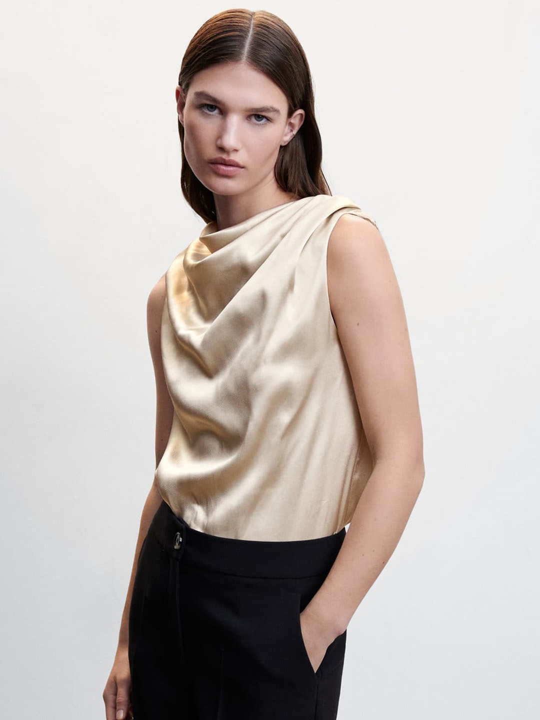 

MANGO Satin Finish Cowl Neck Styled Back Top, Beige