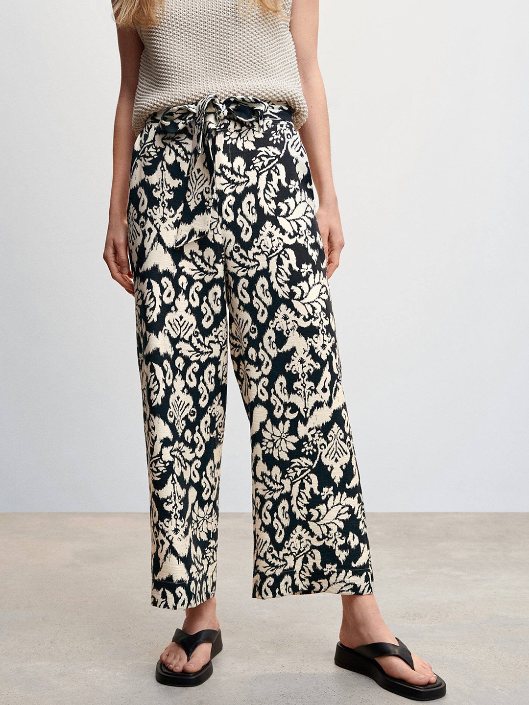 

MANGO Women Ethnic Motifs Printed Trousers, Off white