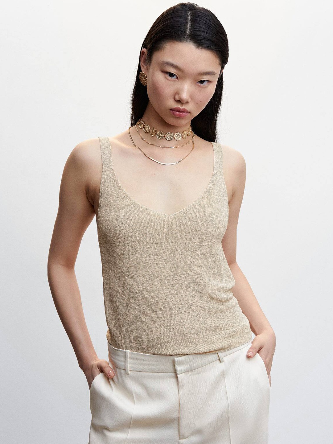 

MANGO Women Knitted Top, Beige