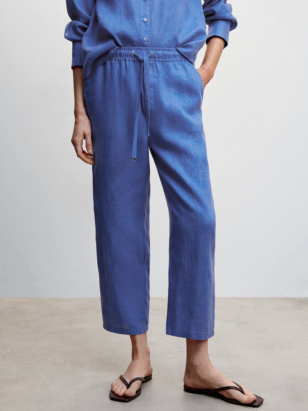 

MANGO Women Linen Trousers, Blue