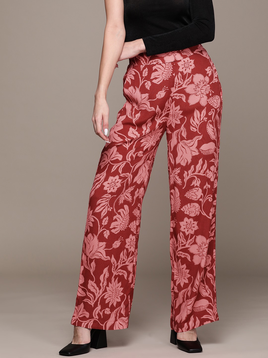 

MANGO Women Floral Printed Trousers, Red