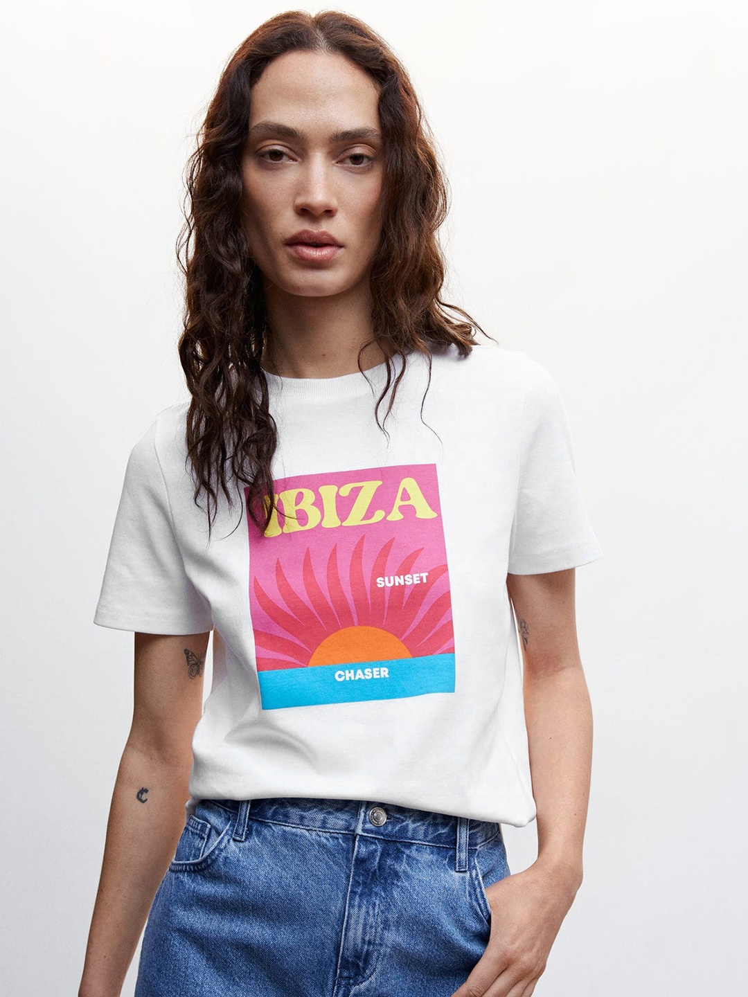 

MANGO Women Printed Pure Cotton T-shirt, White