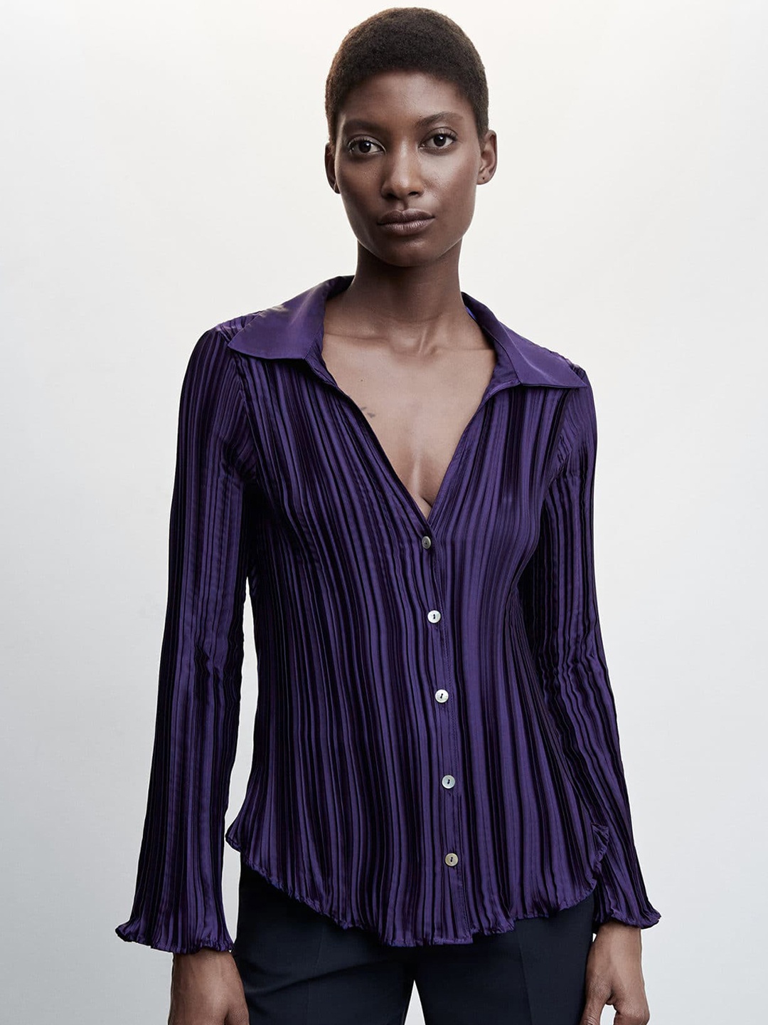 

MANGO Women Satin Pleated Design Striped Casual Shirt, Purple