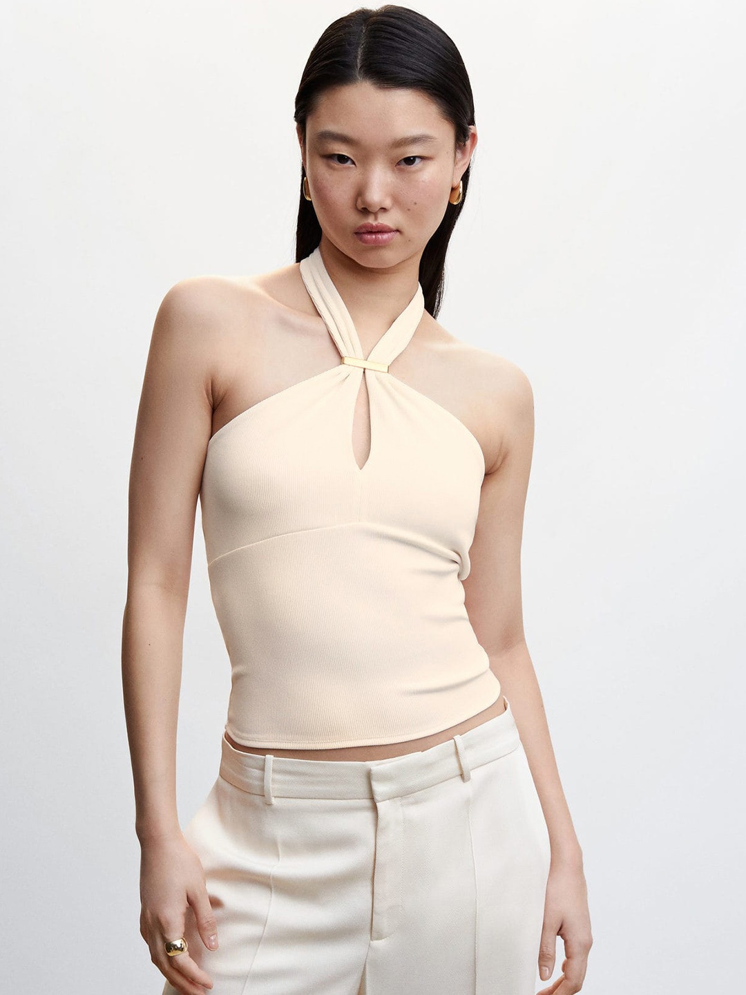 

MANGO Ribbed Cross Halter Neck Crop Top, Cream