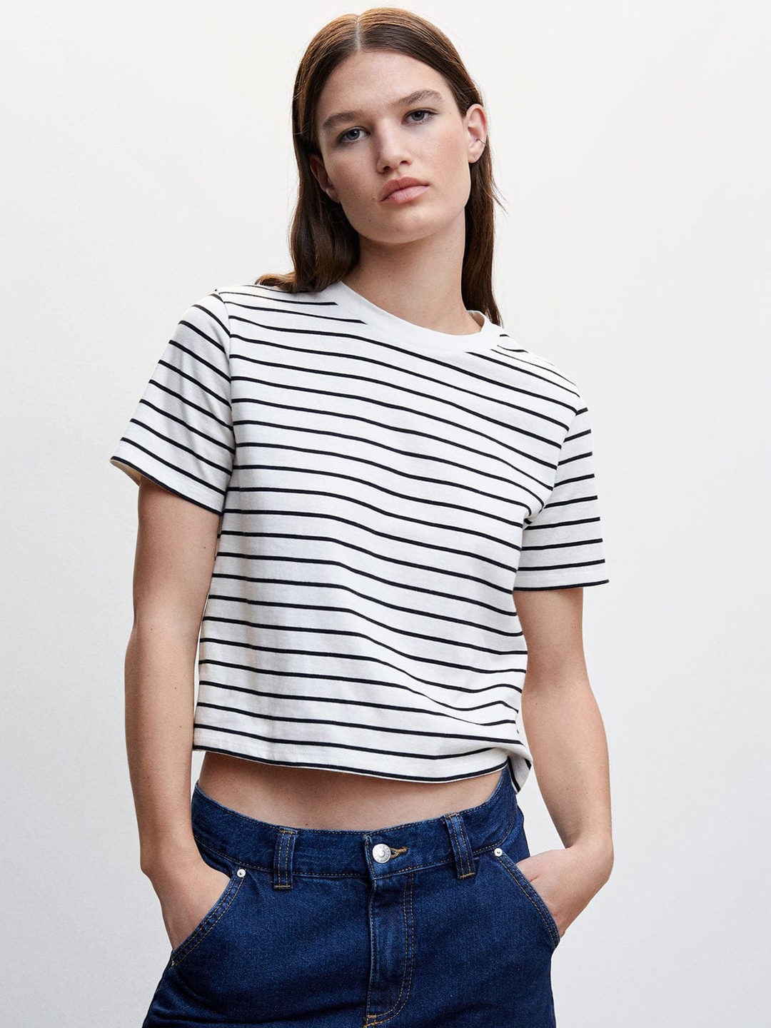 

MANGO Women Striped Pure Cotton T-shirt, White