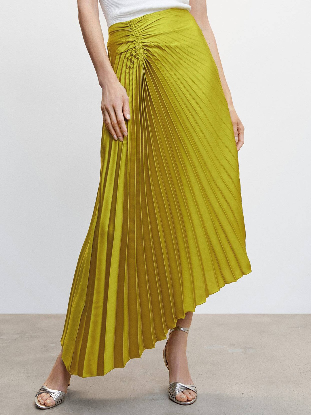 

MANGO Satin Finish Accordion Pleated Asymmetric Hem A-line Skirt, Lime green