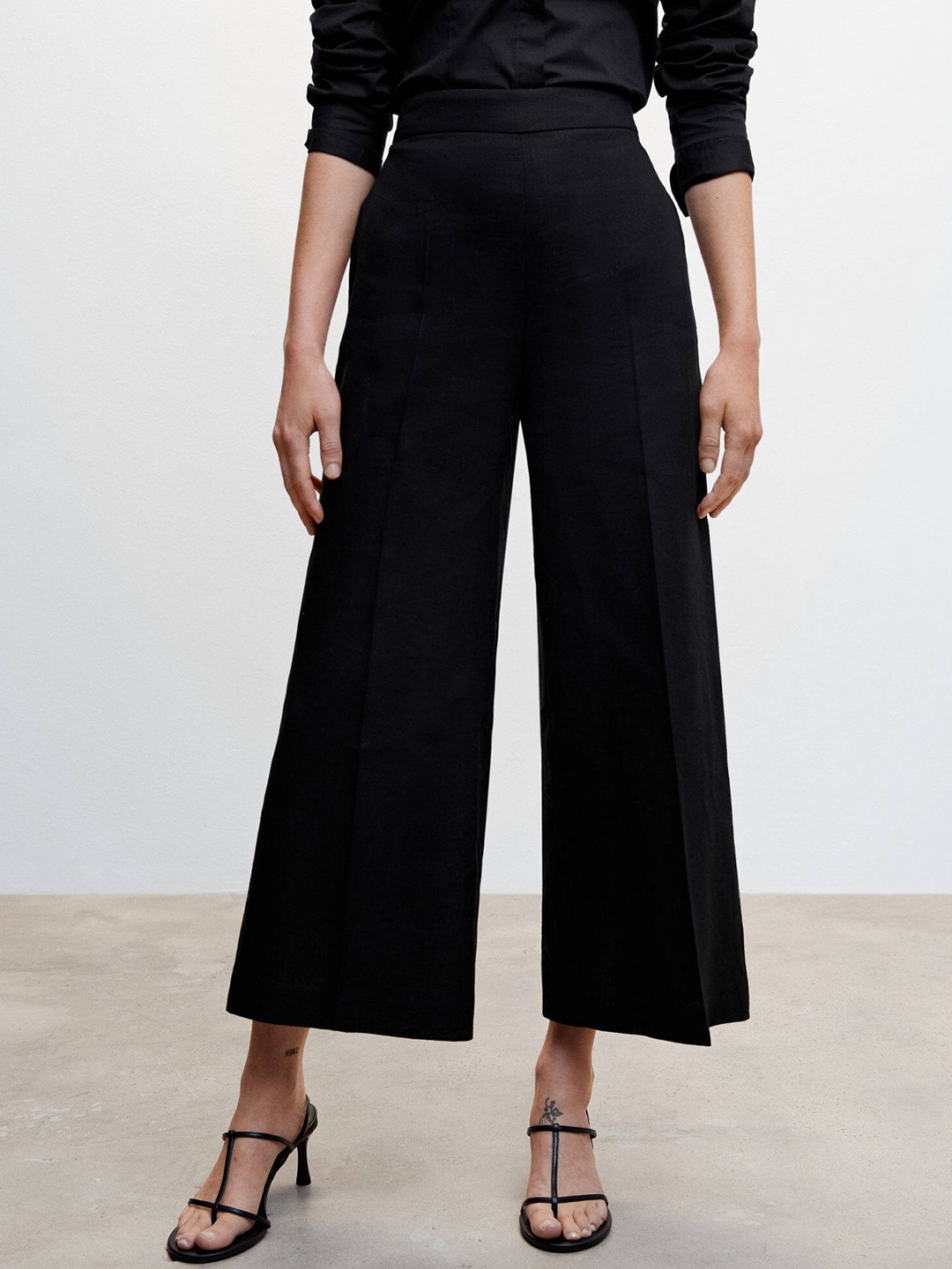 

MANGO Women Flared High-Rise Pleated Linen Trousers, Black
