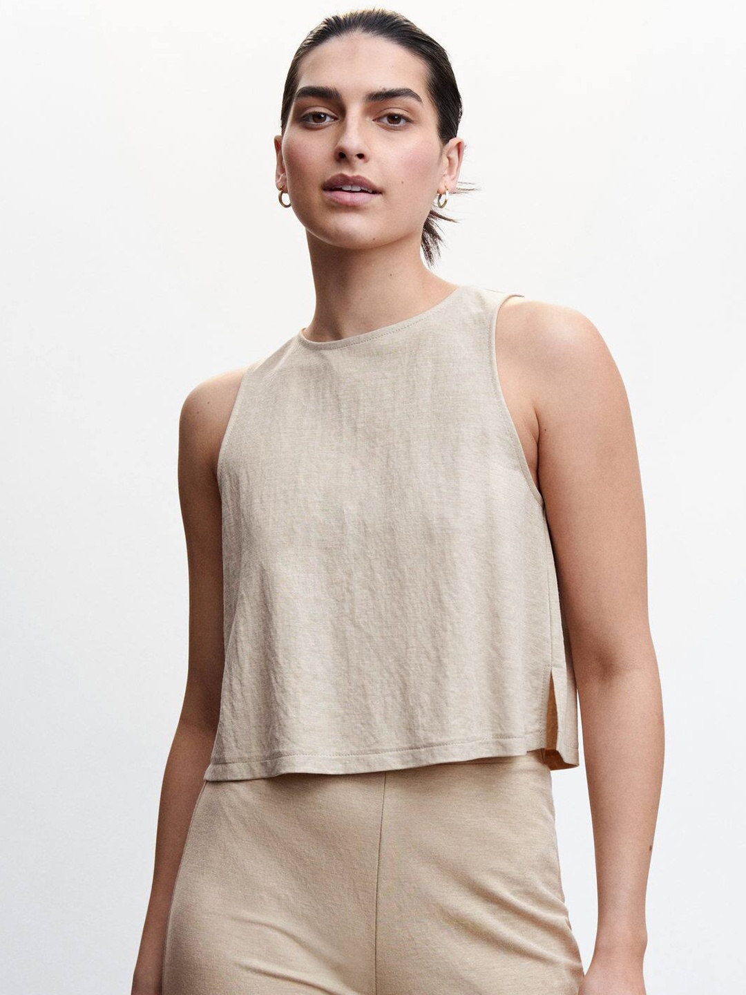 

MANGO Side Slit Crop Top, Beige