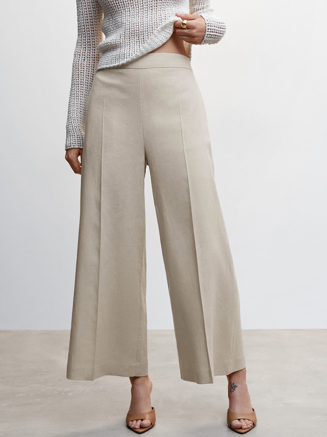 

MANGO Women High-Rise Pleated Pure Linen Trousers, Taupe