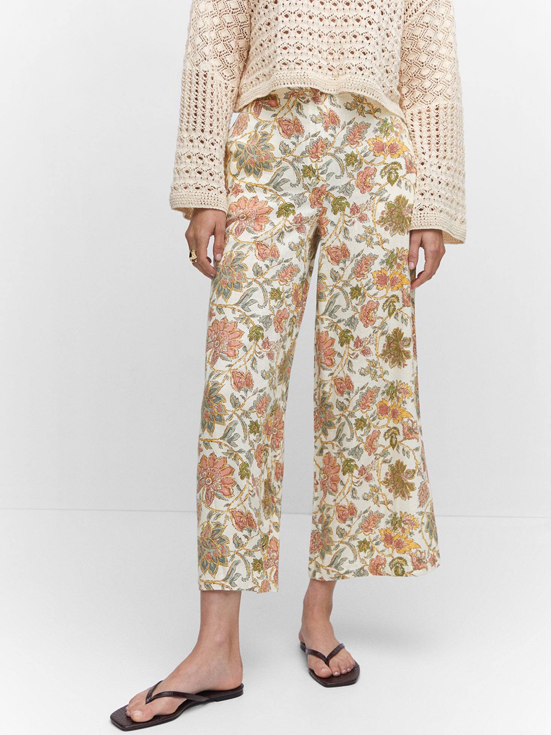 

MANGO Women Ethnic Motifs Printed Flared Trousers, White