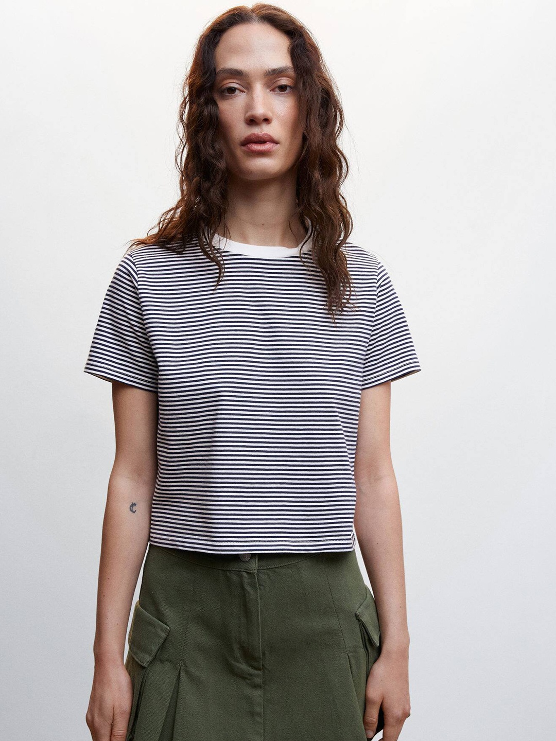 MANGO Striped Pure Cotton T-shirt, Navy blue