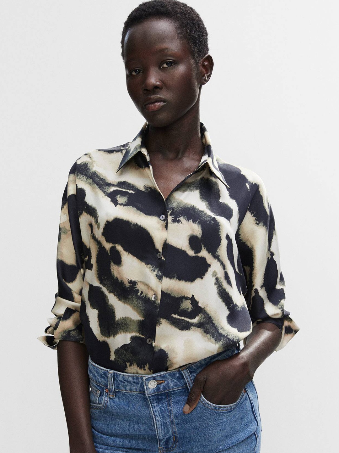 

MANGO Women Abstract Printed Casual Shirt, Beige