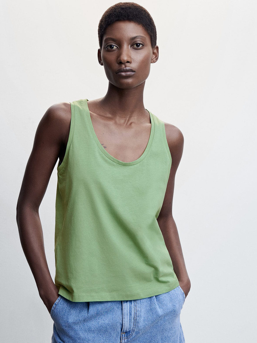 

MANGO Scoop Neck Pure Cotton Top, Green