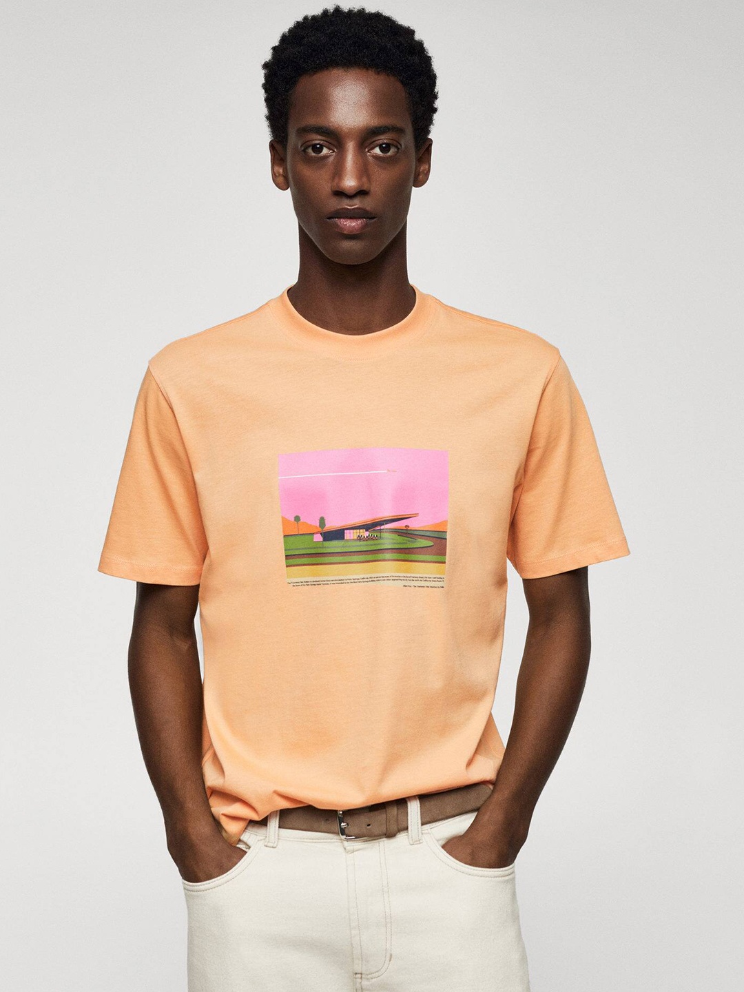 

MANGO MAN Printed Pure Cotton T-shirt, Peach
