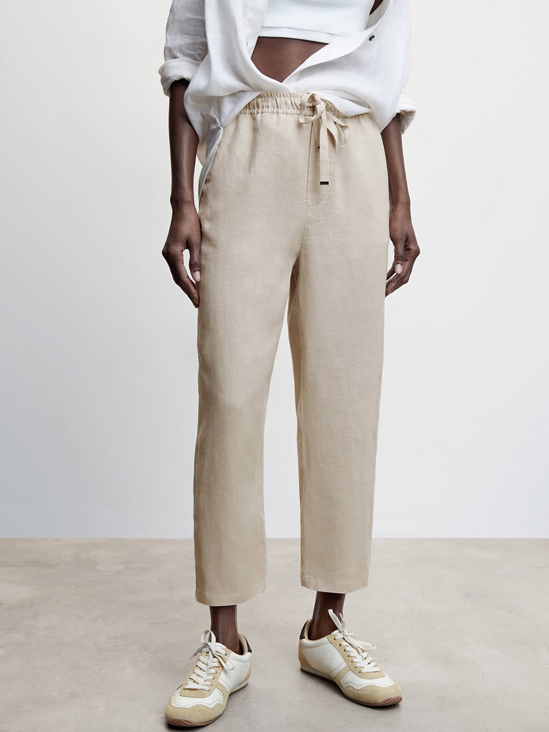 

MANGO Women Pure Linen Straight Fit Trousers, Beige