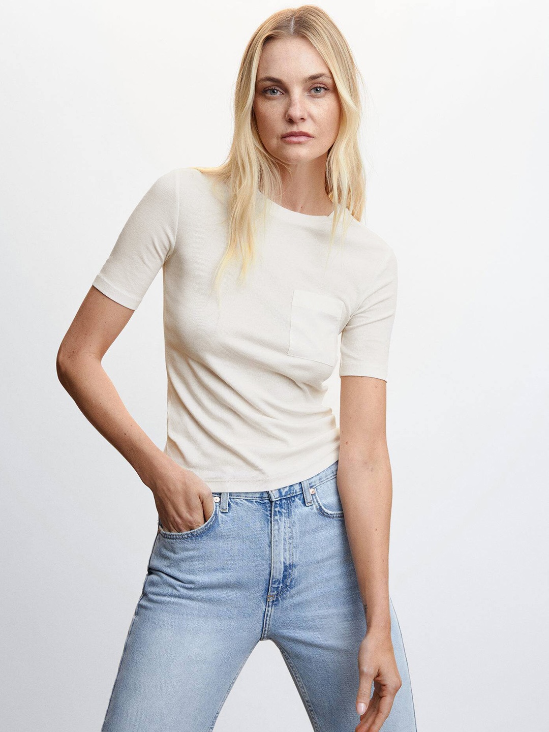 

MANGO Ribbed Pocket T-shirt, Off white