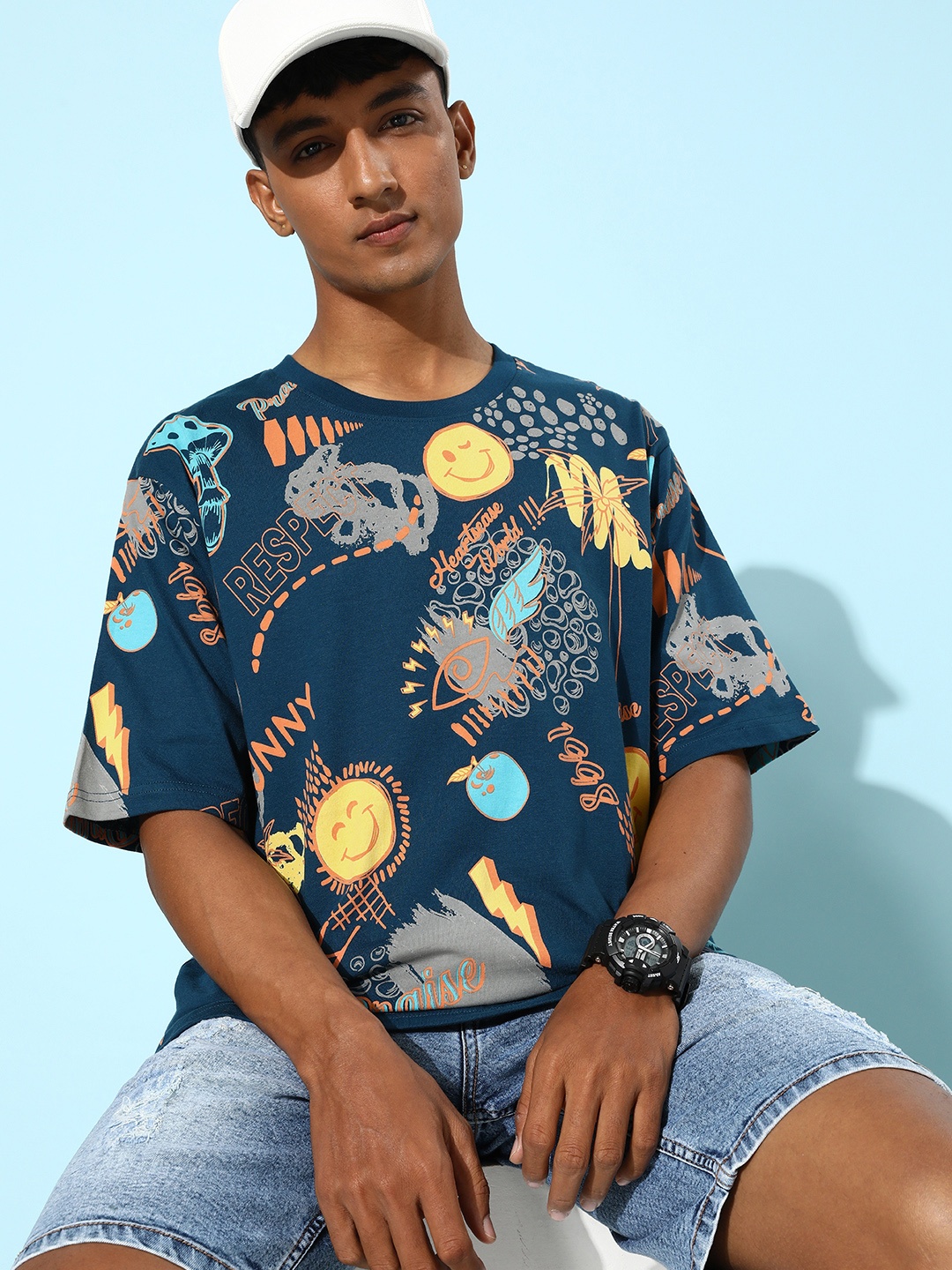 

Difference of Opinion Men Printed Pure Cotton Oversize T-shirt, Navy blue