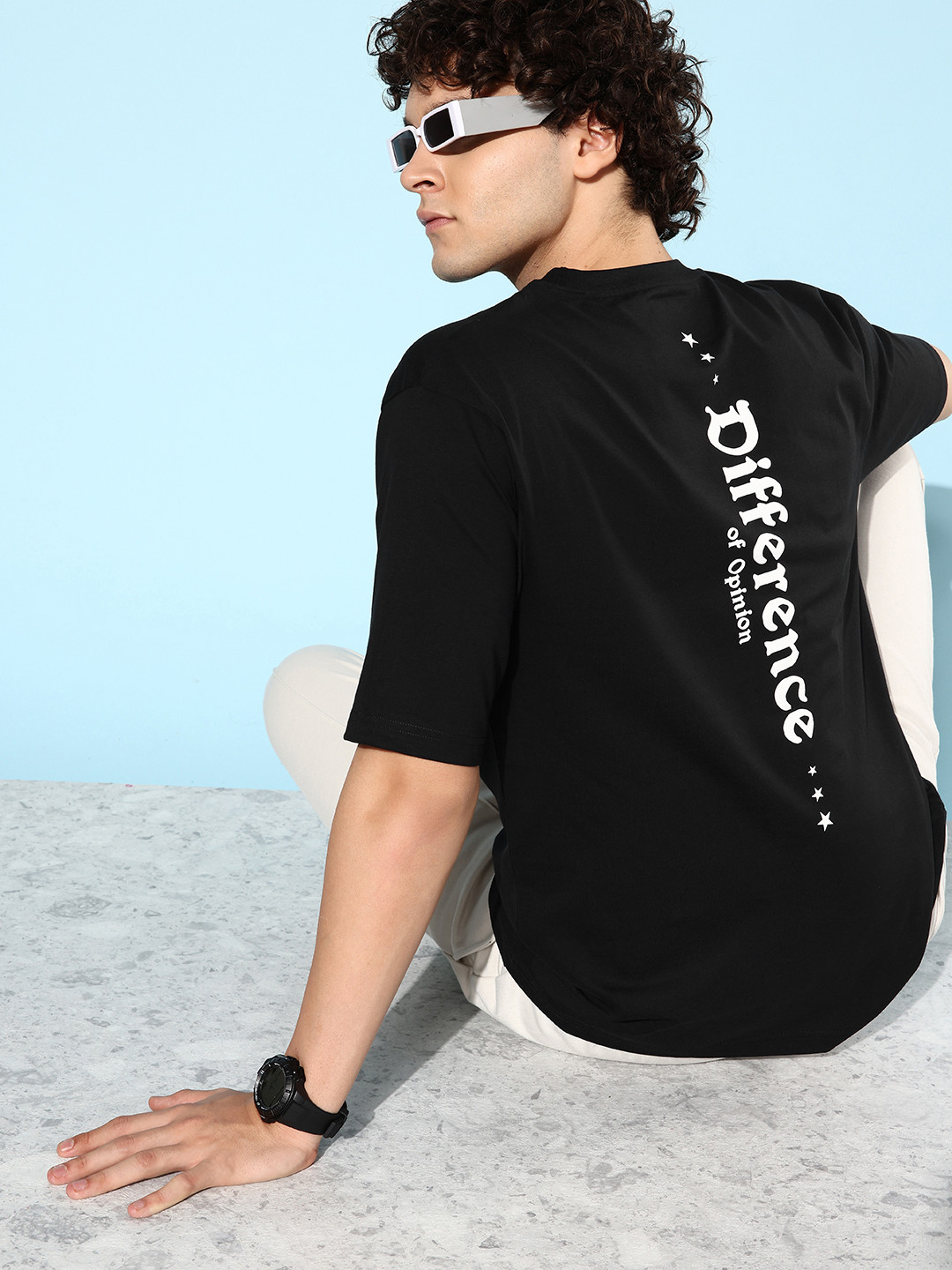 

Difference of Opinion Men Brand Logo Printed Pure Cotton Oversize T-shirt, Black