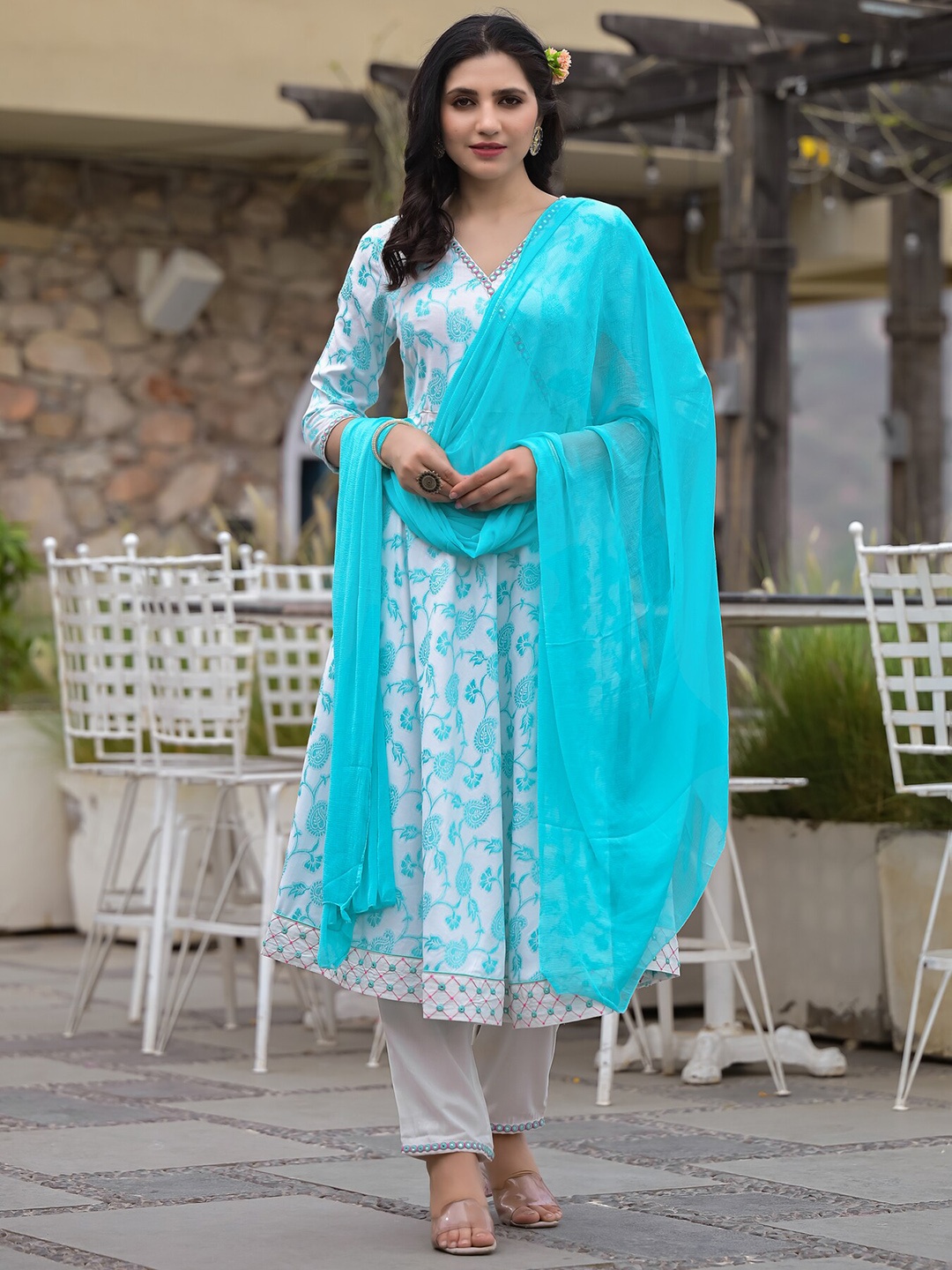 

NITVAN Paisley Woven Design Mirror Work Angrakha Kurta with Trousers & Dupatta, Turquoise blue