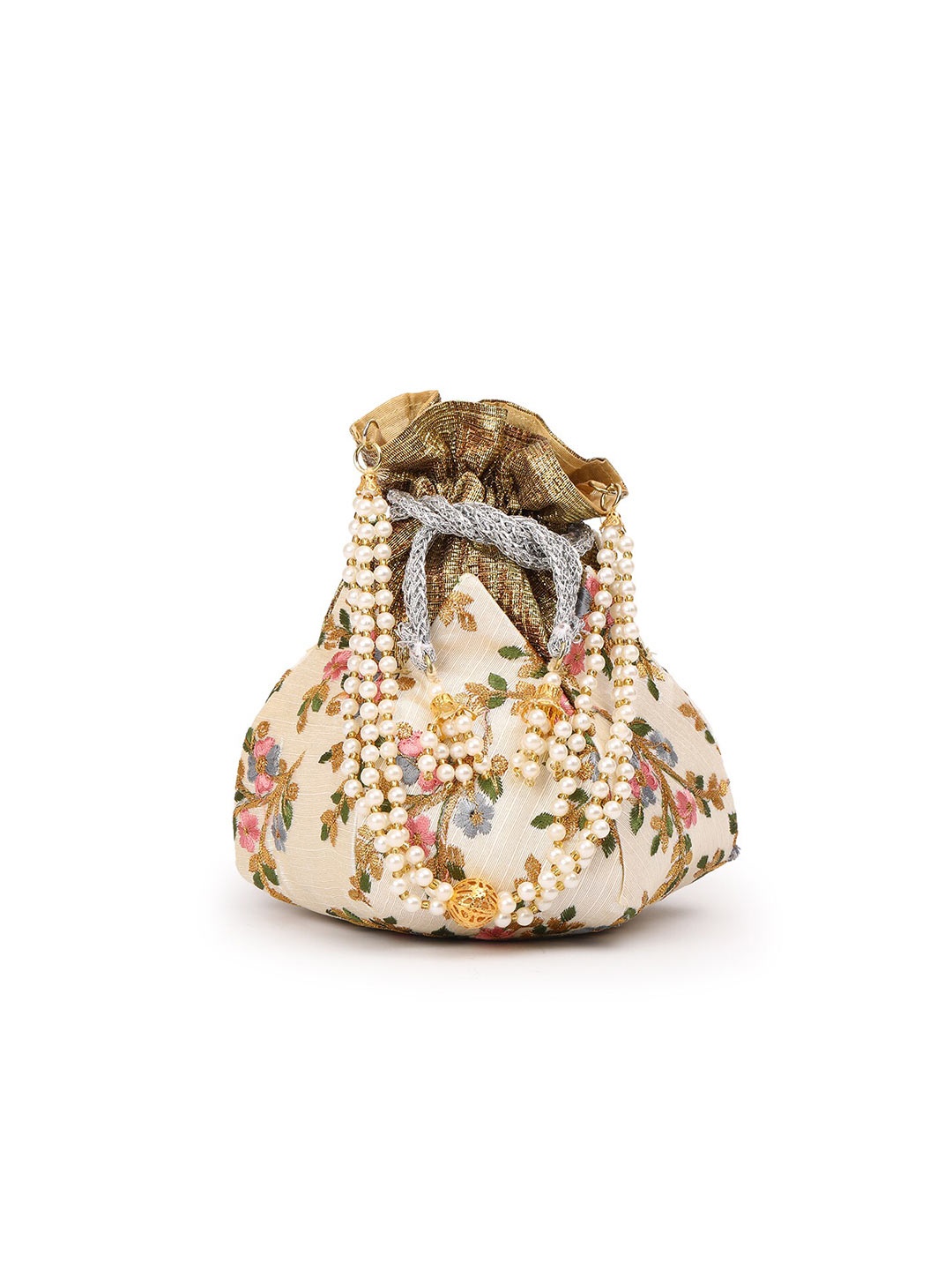 

gaura pakhi Floral Embroidered Potli Clutch, White