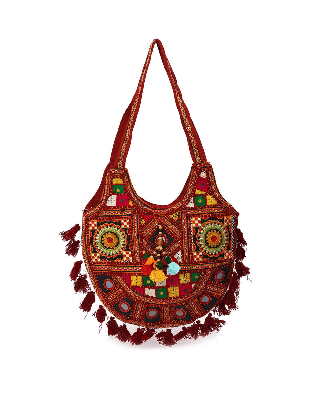 

gaura pakhi Embellished Half Moon Tasselled Handheld Bag, Red