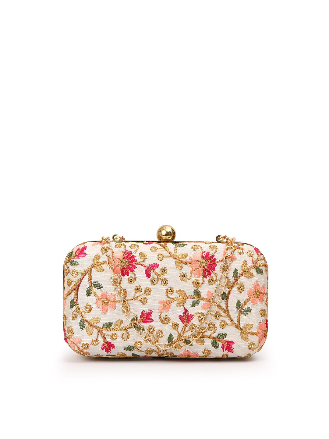 

gaura pakhi Floral Embroidered Box Clutch, Off white