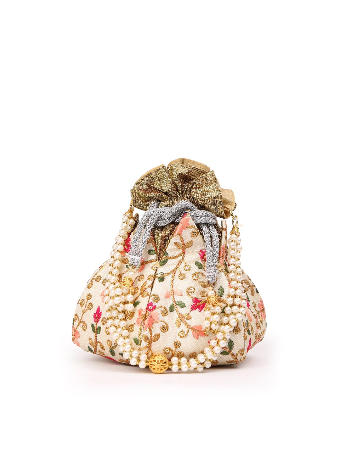 

gaura pakhi Floral Embroidered Potli Clutch, Off white