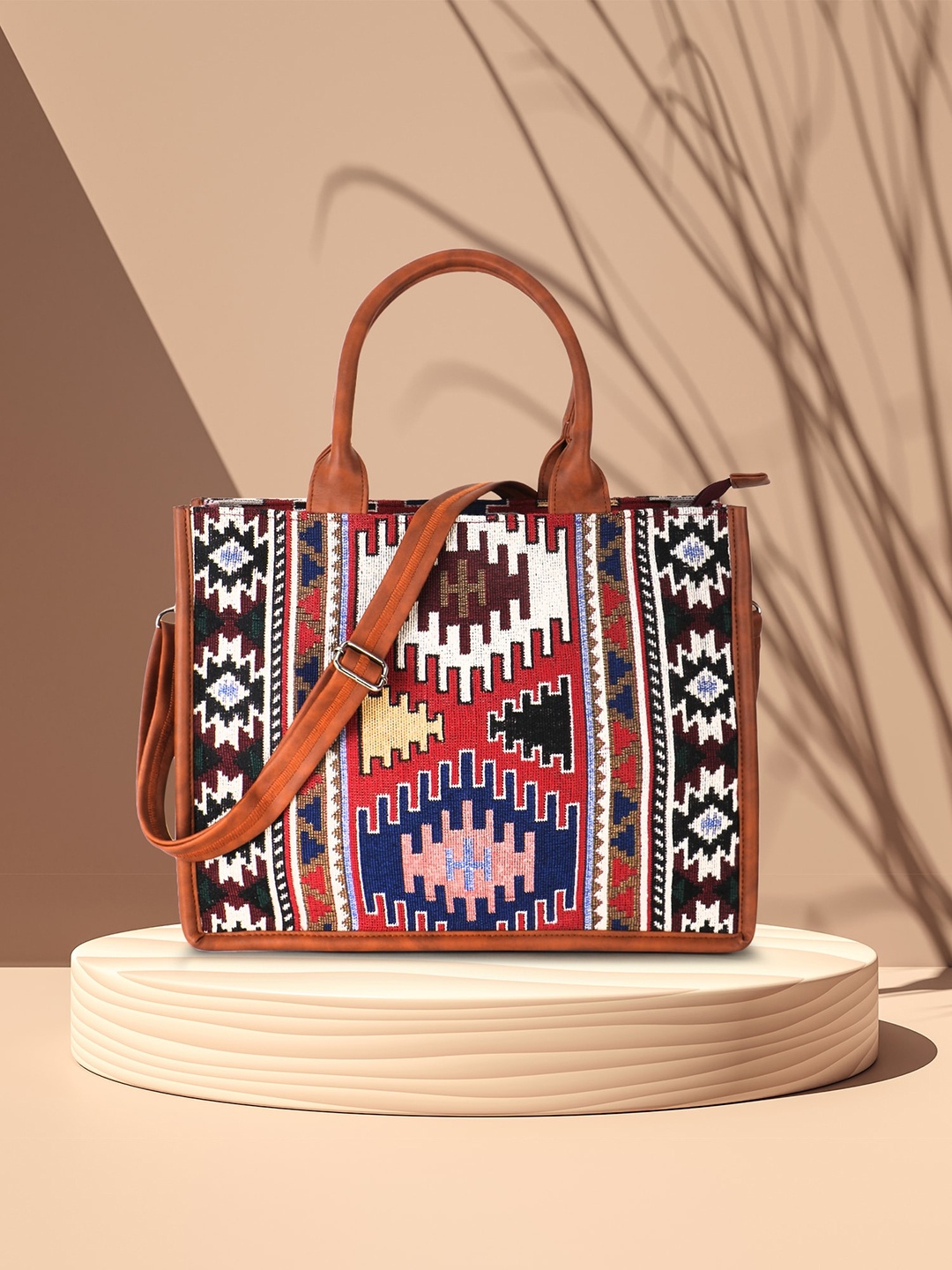 

Anekaant Geometric Printed Structured Handheld Bag, Tan