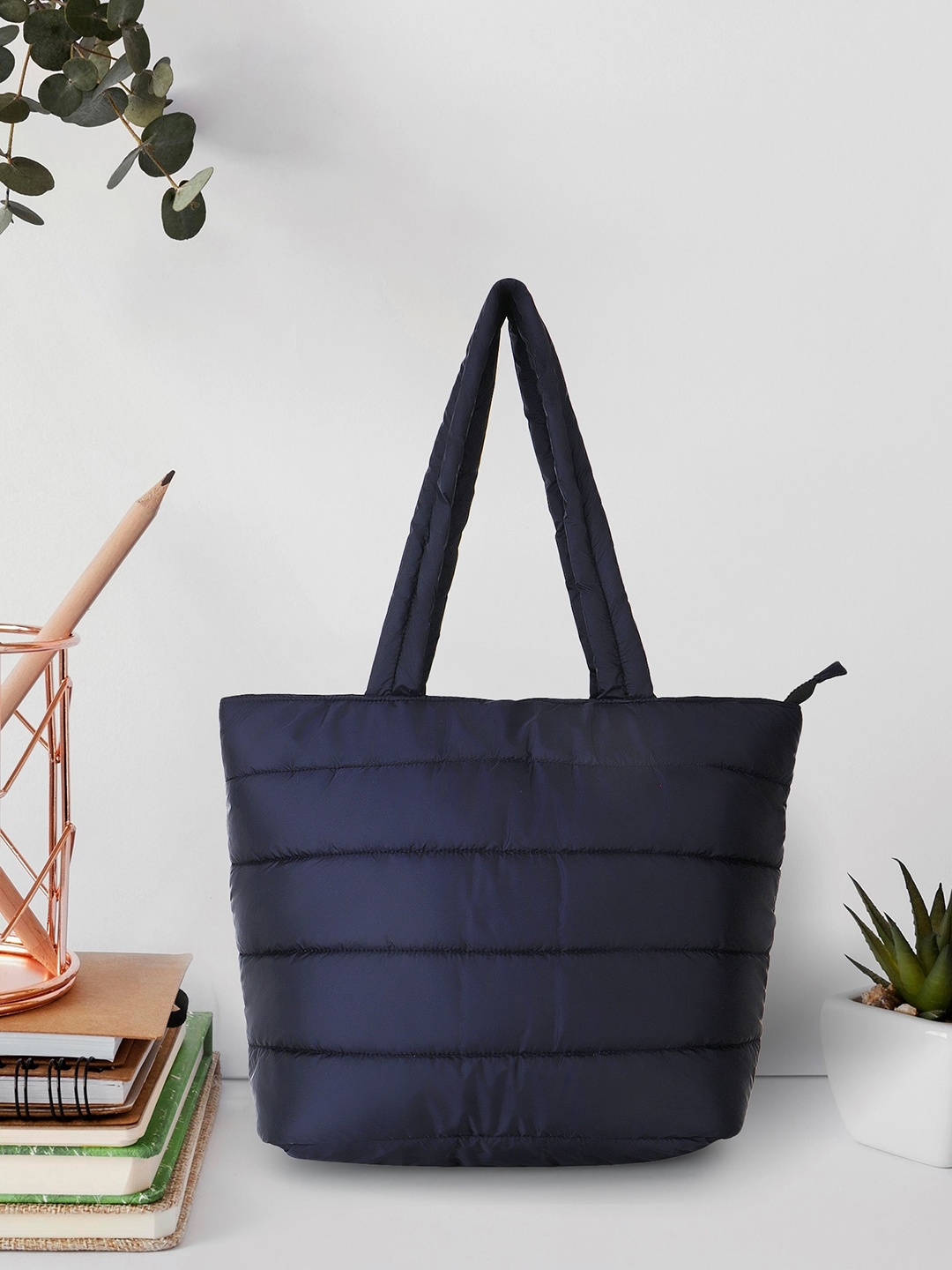 

Anekaant Striped Structured Tote Bag With Quilted, Black