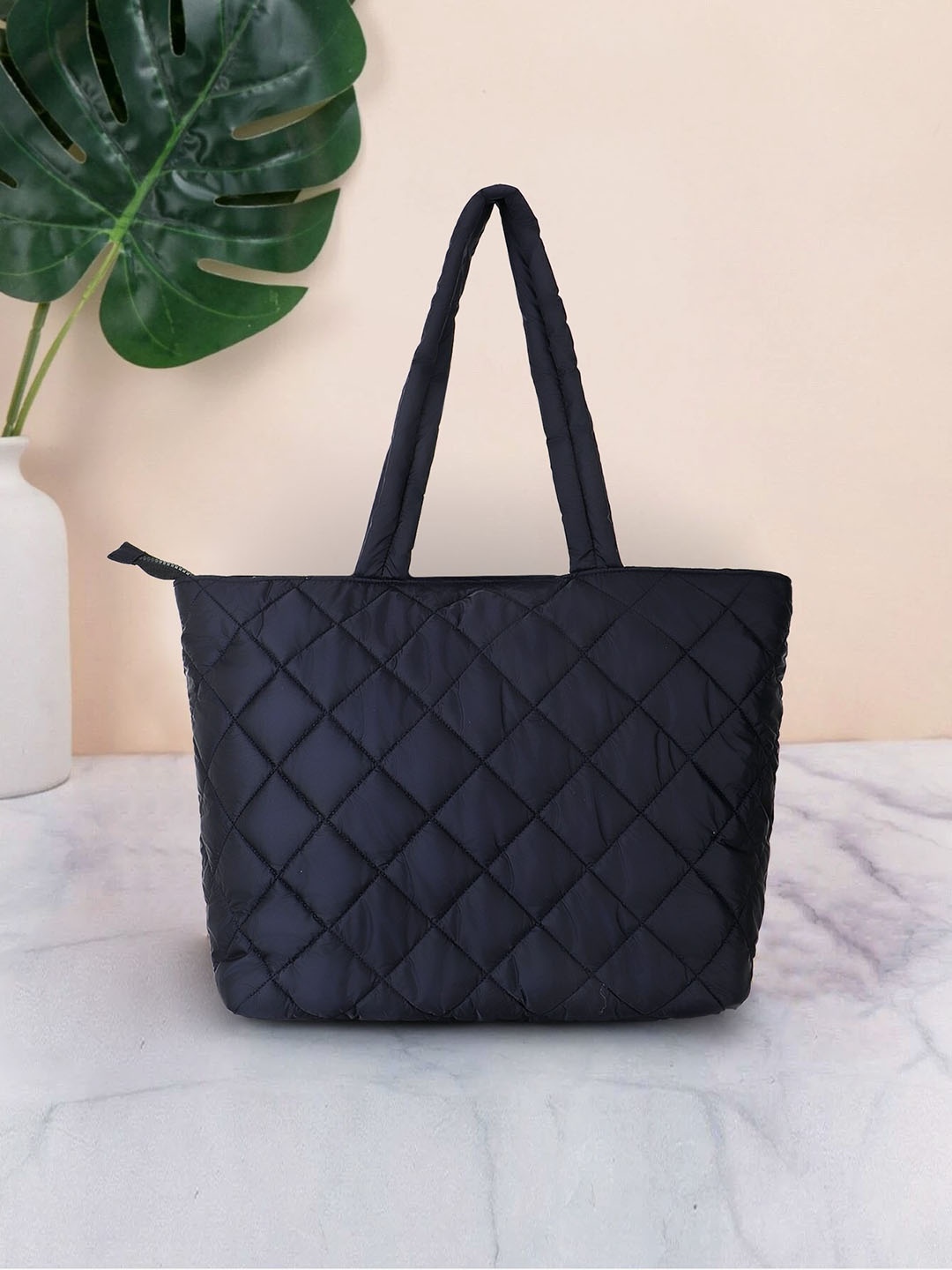 

Anekaant Checked Structured Tote Bag With Quilted, Black