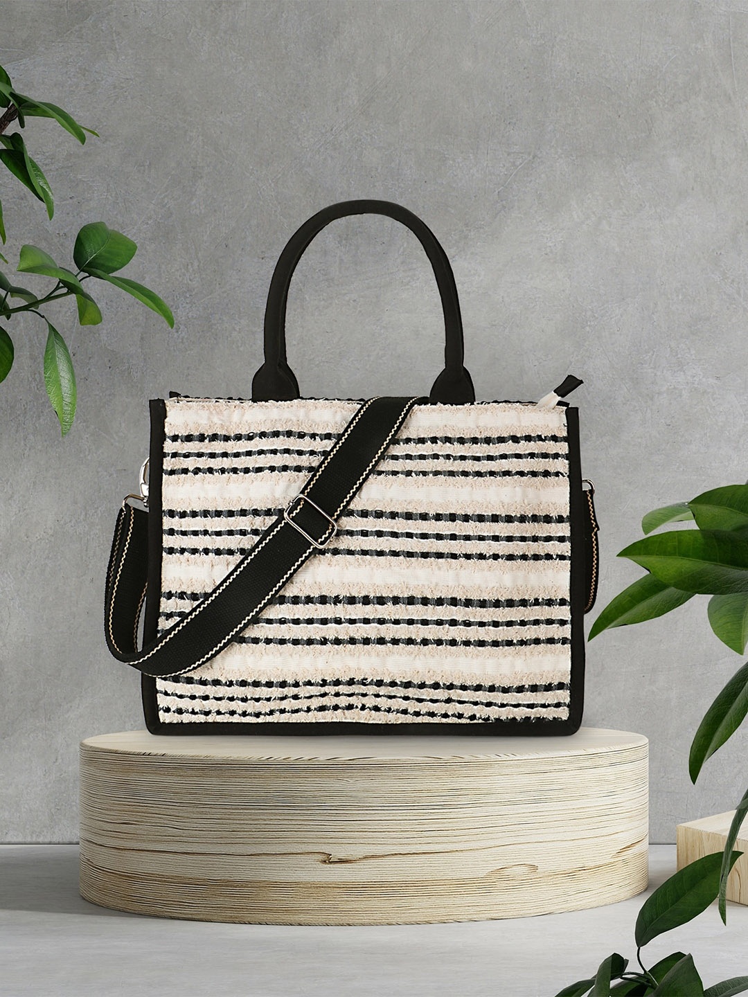 

Anekaant Striped Structured Handheld Bag, Off white