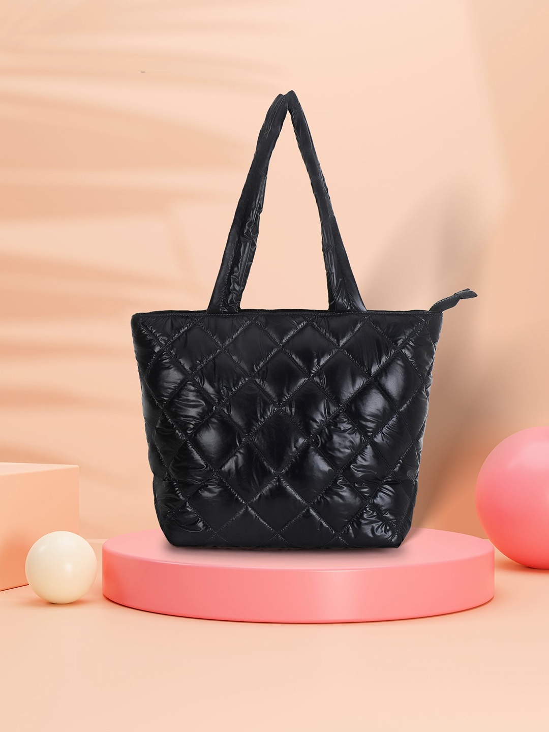 

Anekaant Checked Structured Tote Bag With Quilted, Black
