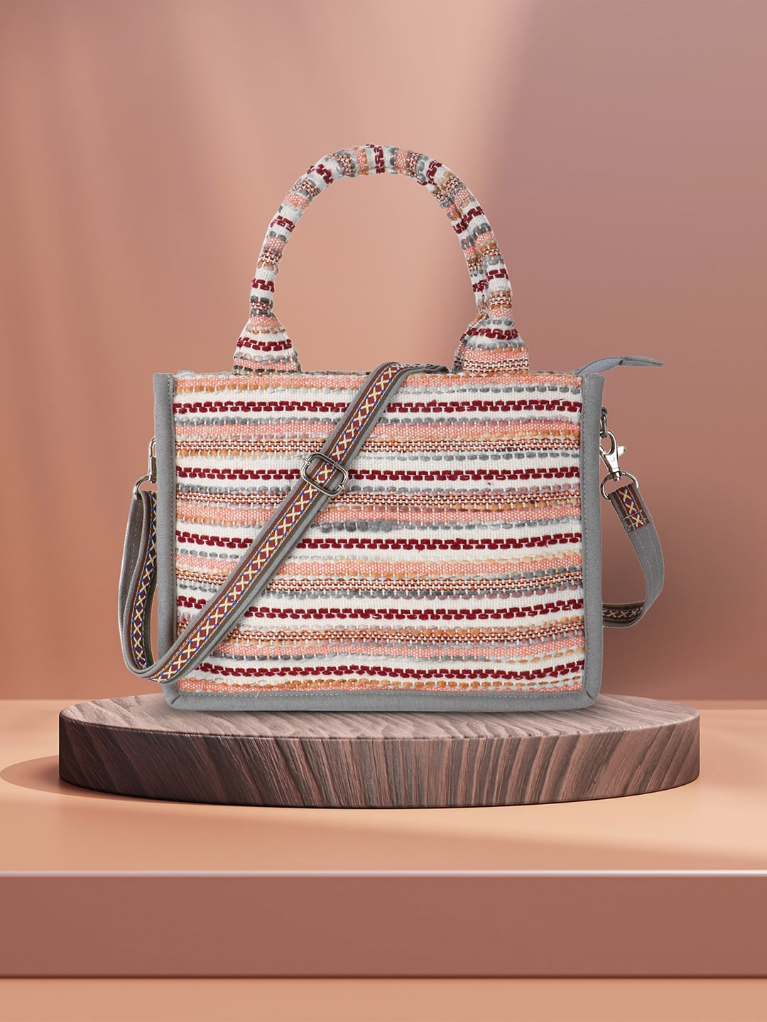 

Anekaant Striped Structured Handheld Bag, Grey