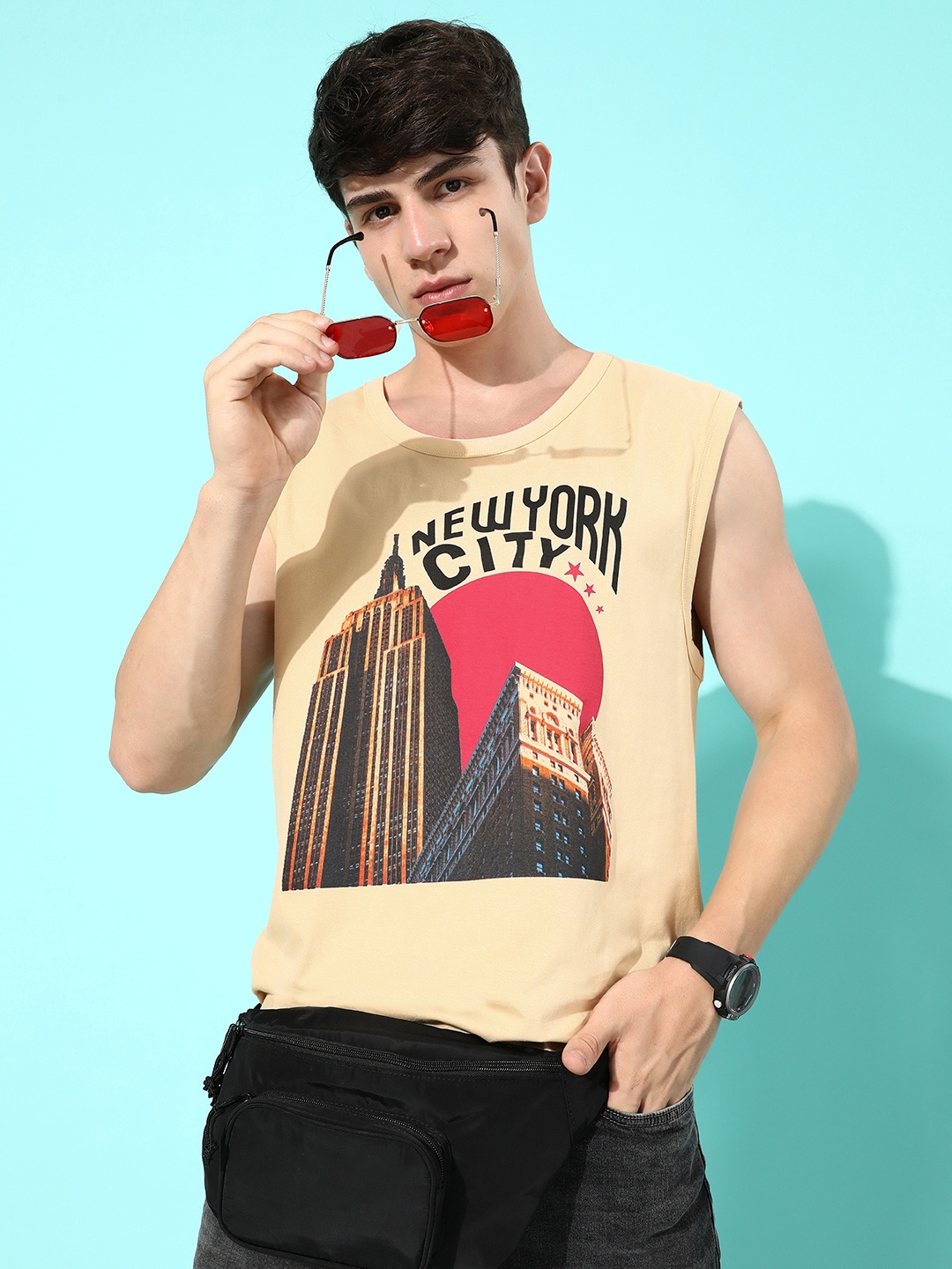 

DILLINGER Men Beige & Black Printed Oversize T-shirt