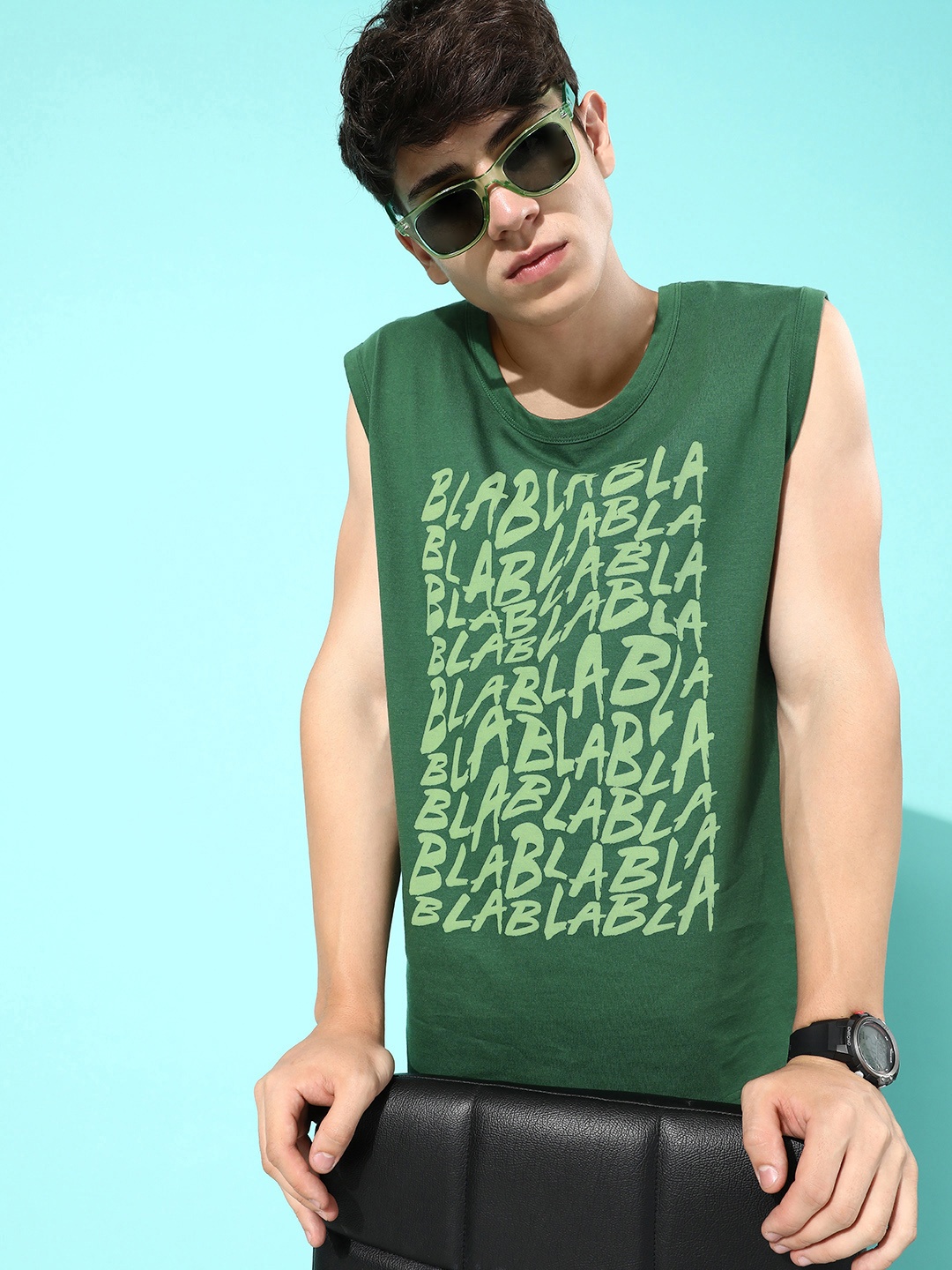 

DILLINGER Men Pure Cotton Typography Printed Longline Oversized Sleeveless T-shirt, Green