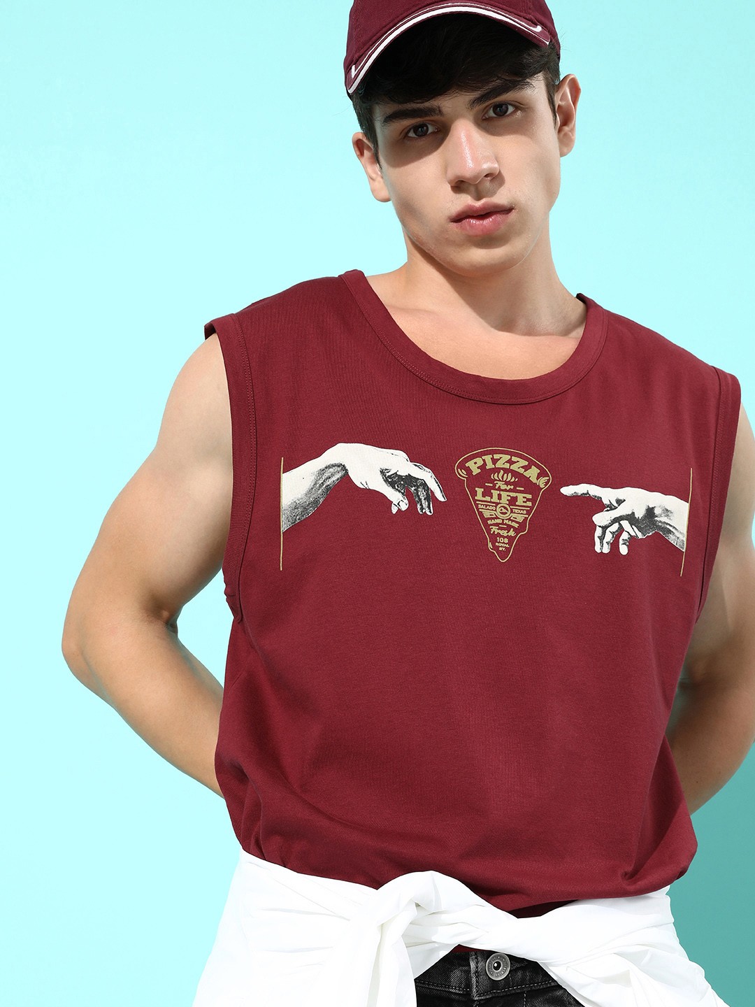 

DILLINGER Men Pure Cotton Graphic Printed Longline Oversized Sleeveless T-shirt, Maroon