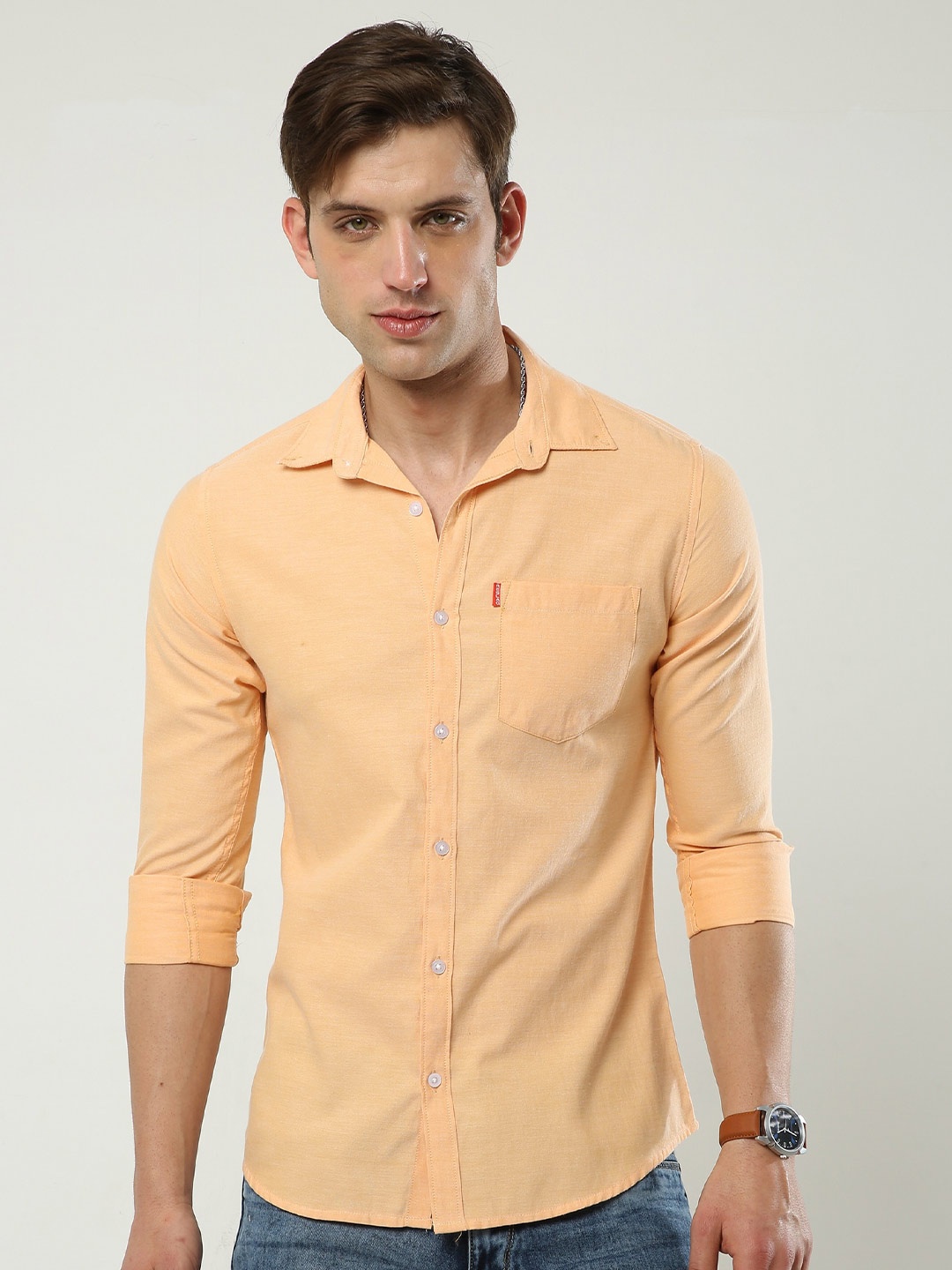 

Reslag Spread Neck Slim Fit Opaque Casual Shirt, Gold
