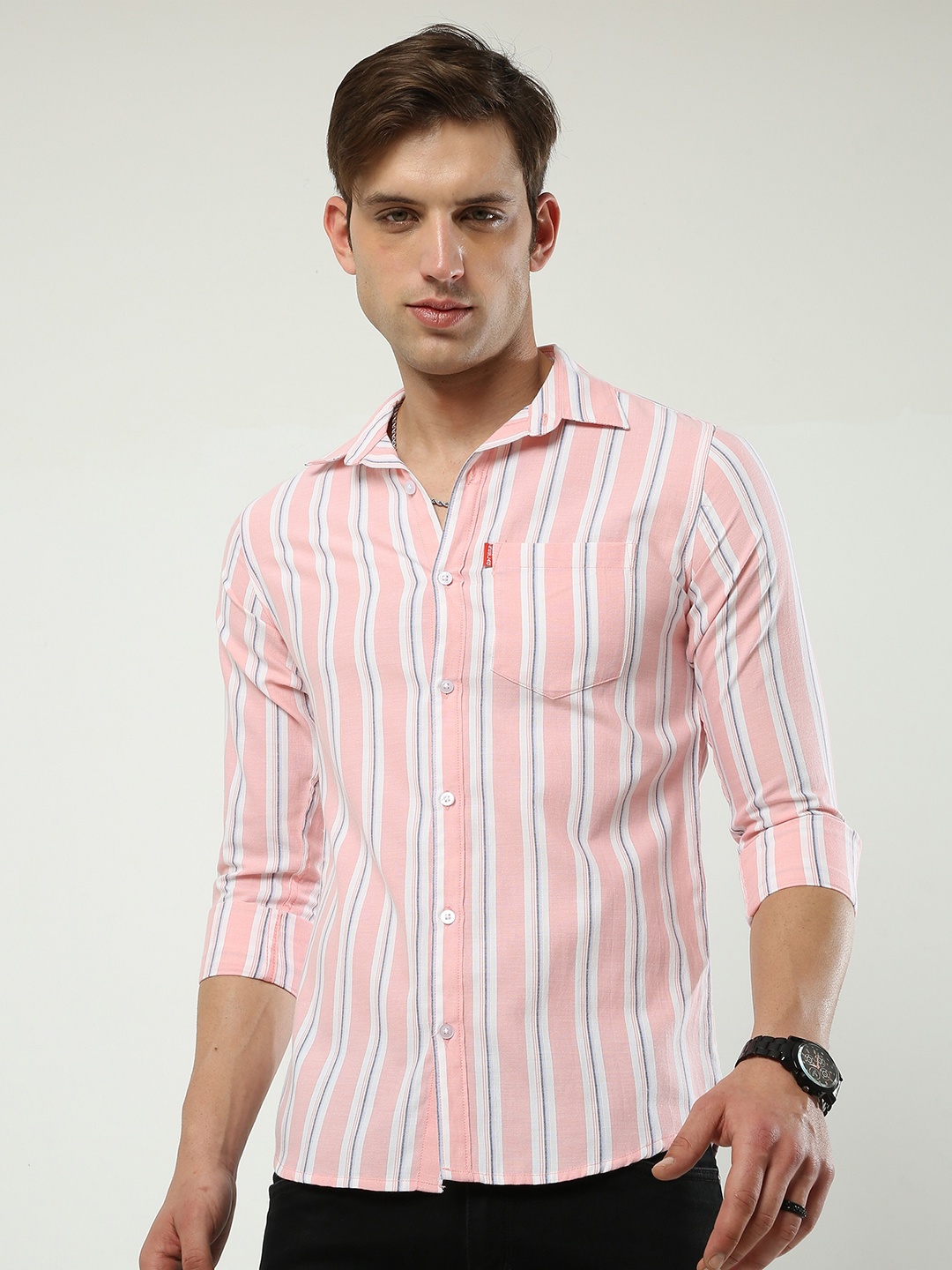 

Reslag Slim Fit Striped Cotton Casual Shirt, Pink