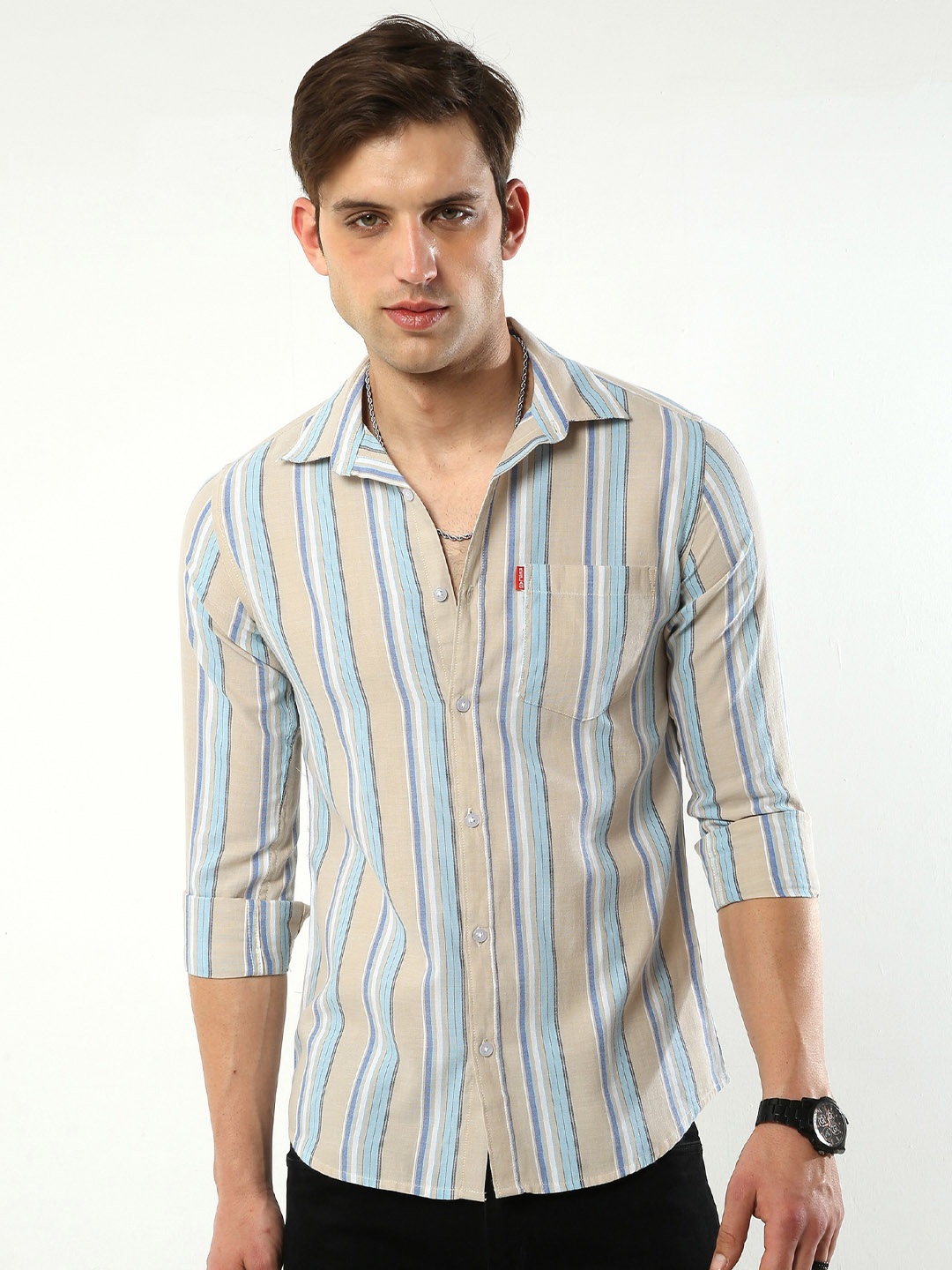 

Reslag Slim Fit Opaque Striped Casual Shirt, Cream